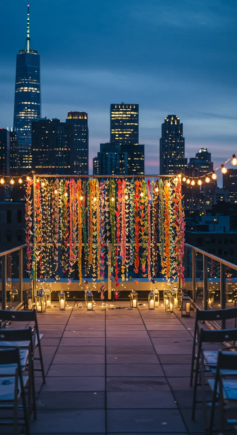 Telón de fondo de grullas de origami de colores en una azotea con vistas a la ciudad de noche.