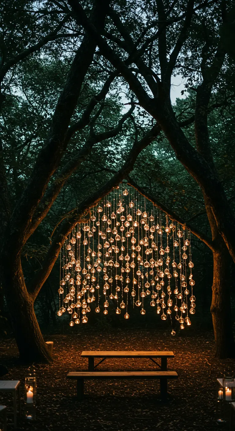 Altar de boda en un bosque con una cortina de luces colgantes en esferas de cristal.