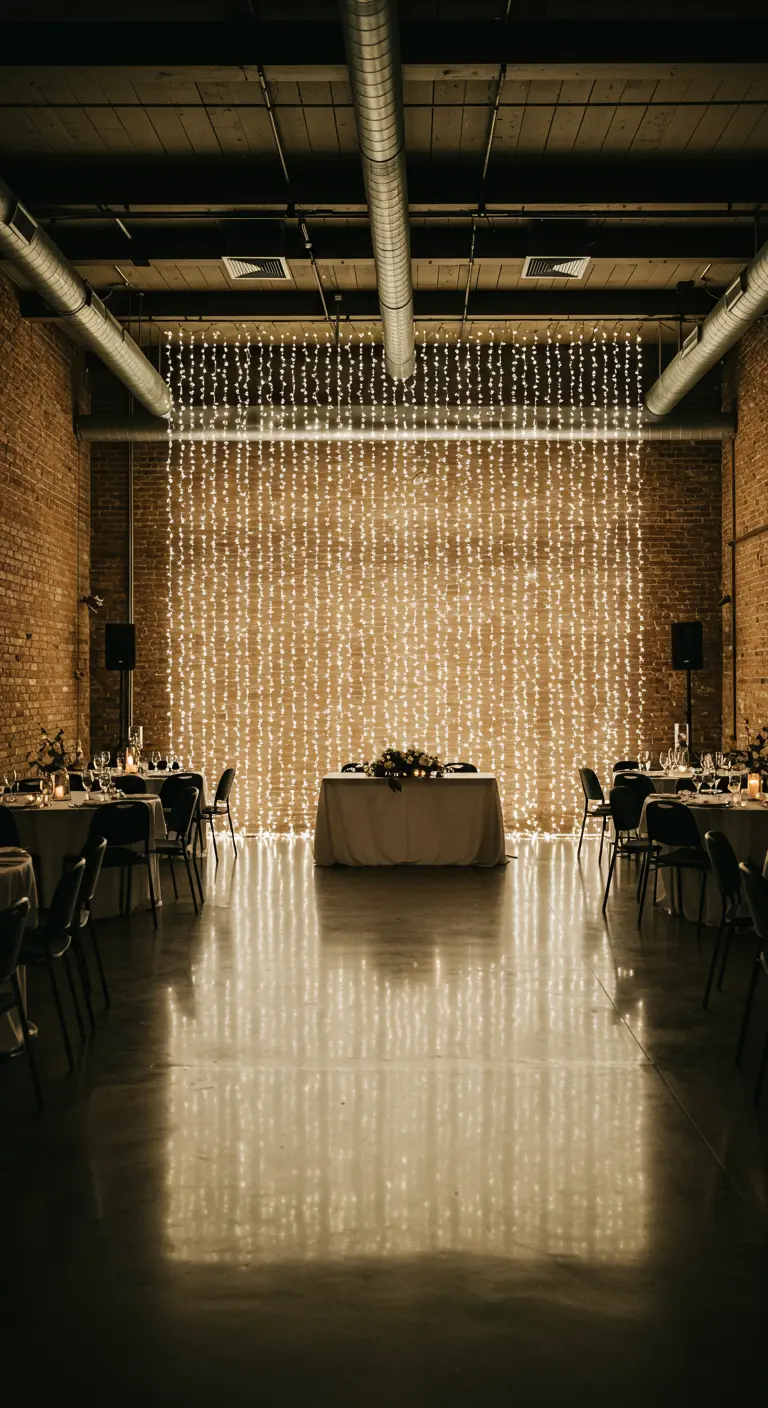 Pared de ladrillo en un espacio industrial decorada con una cortina de luces de hadas.