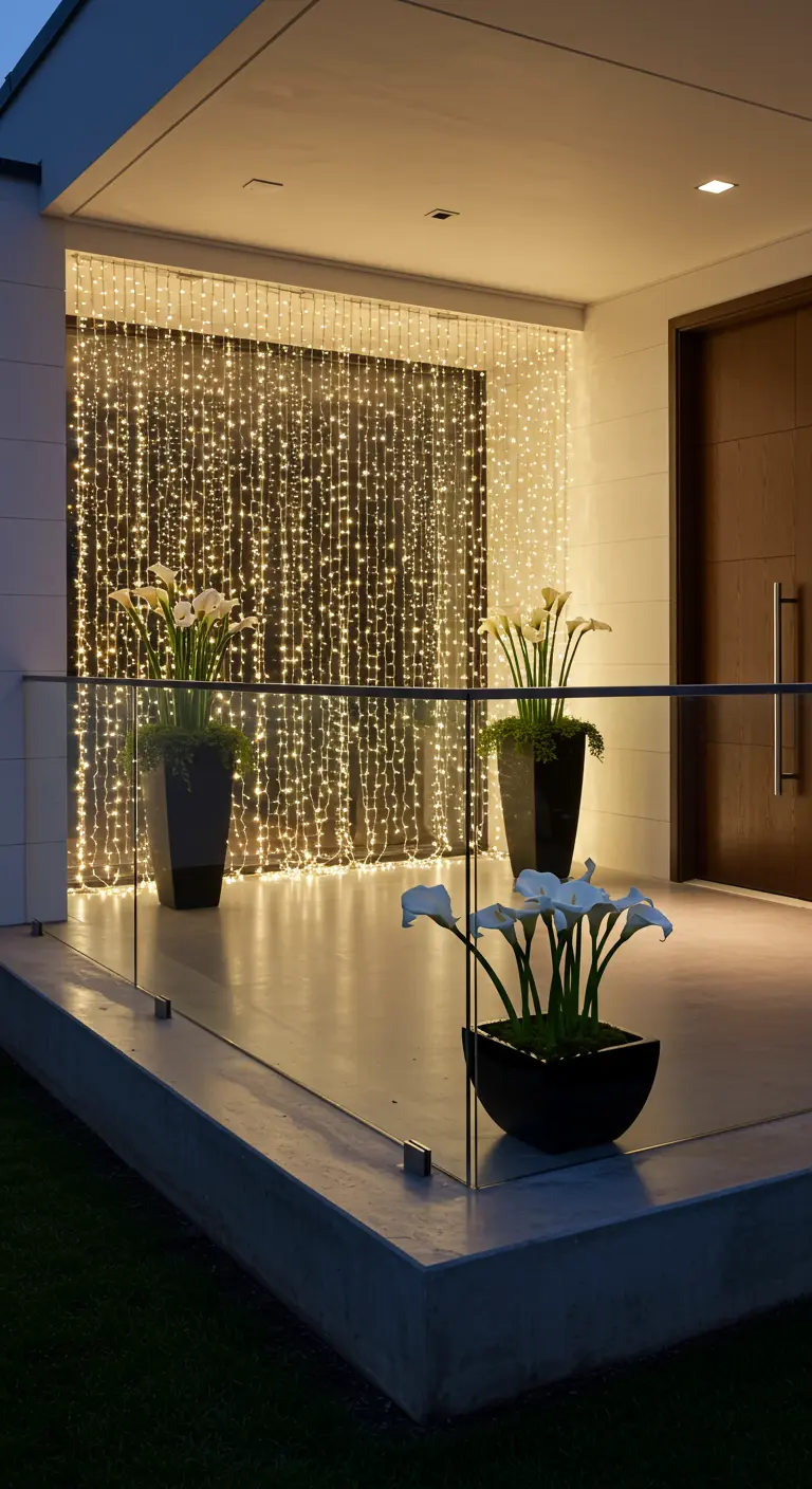 Entrada moderna con una cortina de luces de hadas como telón de fondo y calas blancas en maceteros altos.