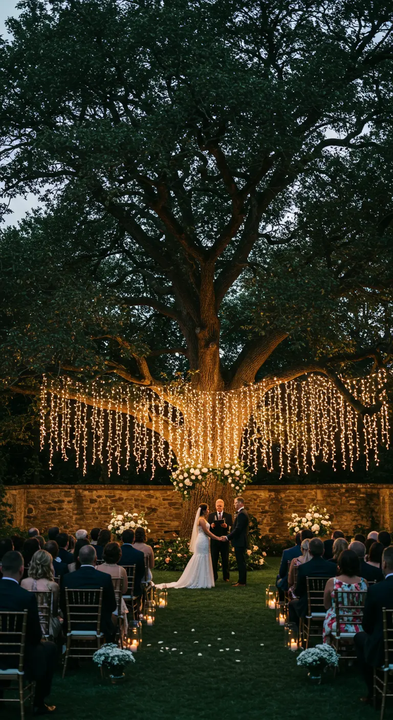 Ceremonia de boda al aire libre con una cortina de luces colgando de un árbol como telón de fondo.