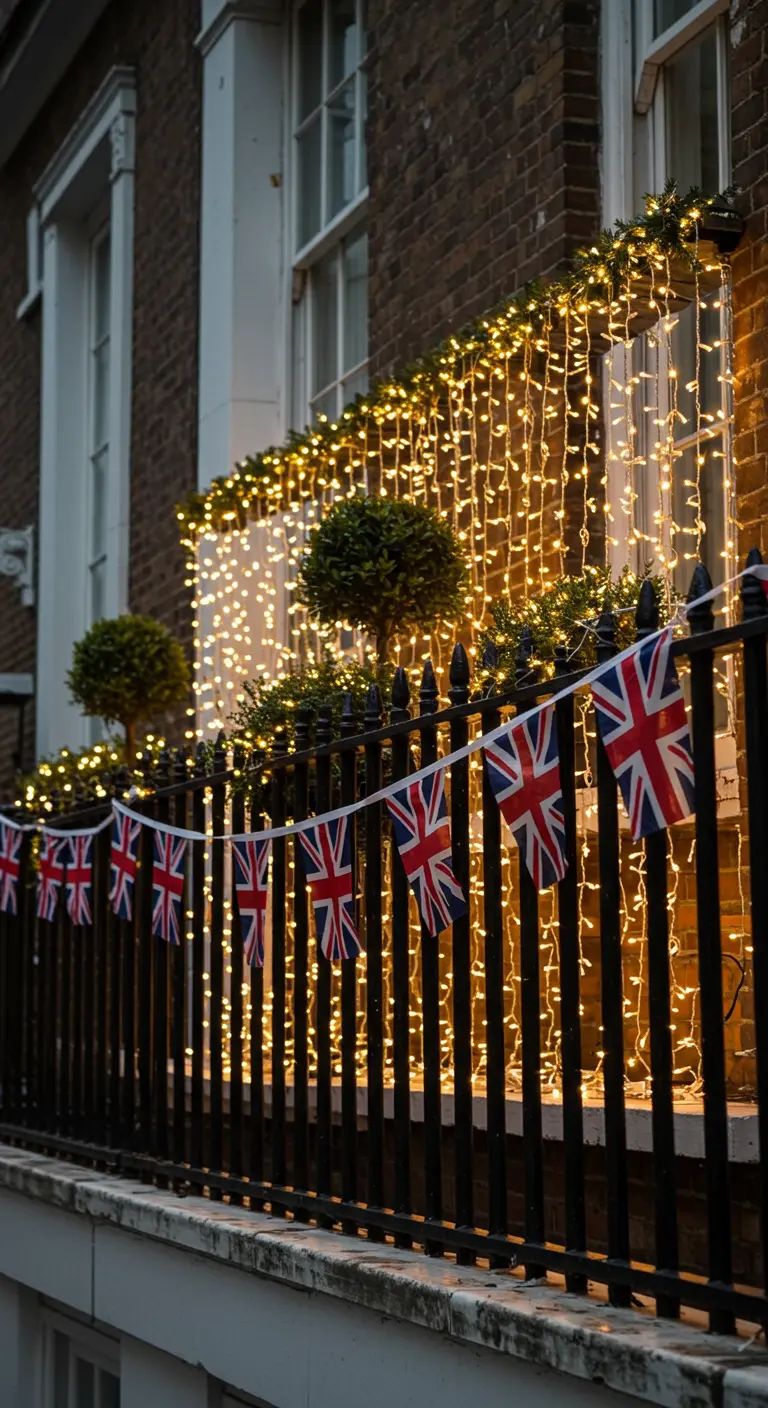Balcón con banderas del Reino Unido delante de una cortina de luces LED blancas y cálidas.