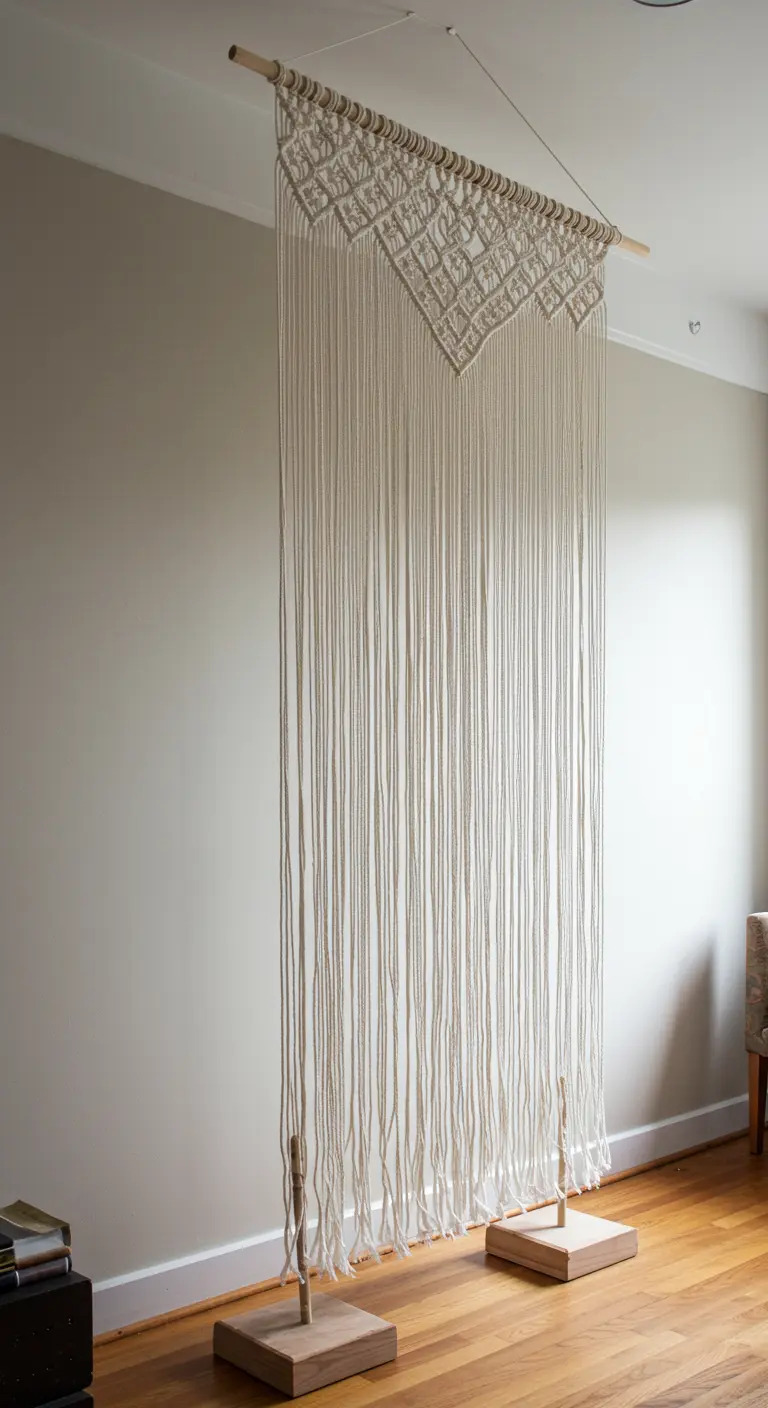 Un gran panel de macramé que funciona como separador de ambientes, con cuerdas que llegan al suelo.