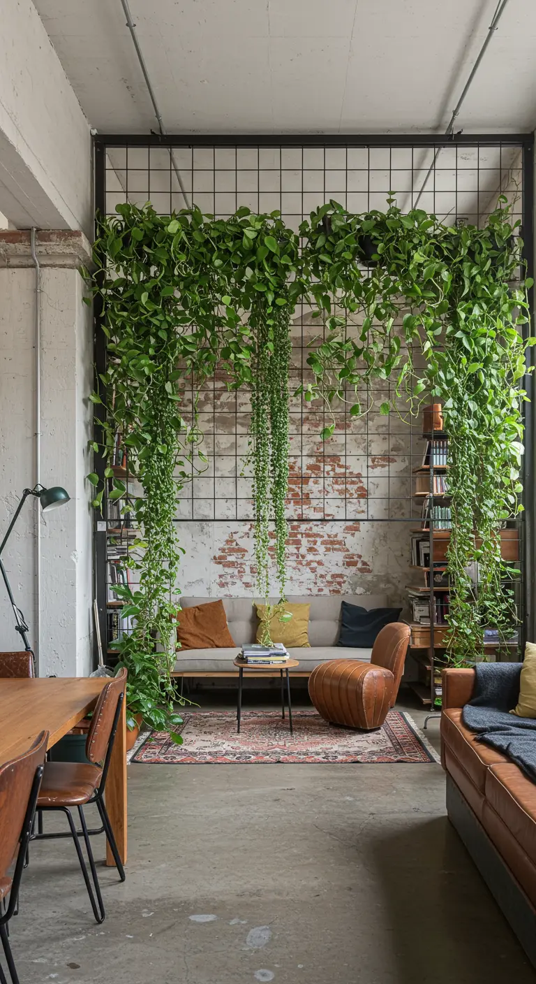 Una pared de plantas trepadoras en una rejilla metálica separa dos ambientes en un loft de estilo industrial.