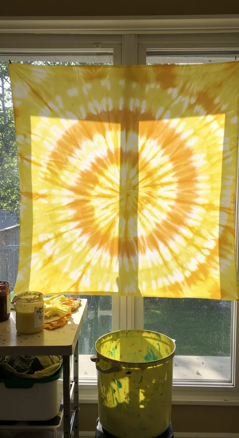 Tela teñida con tie-dye en tonos amarillos y naranjas colgada en una ventana.