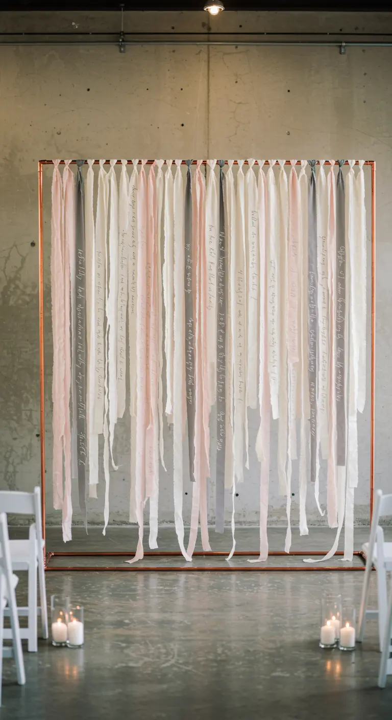 Un telón de fondo hecho de cintas de tela colgantes con texto escrito a mano.