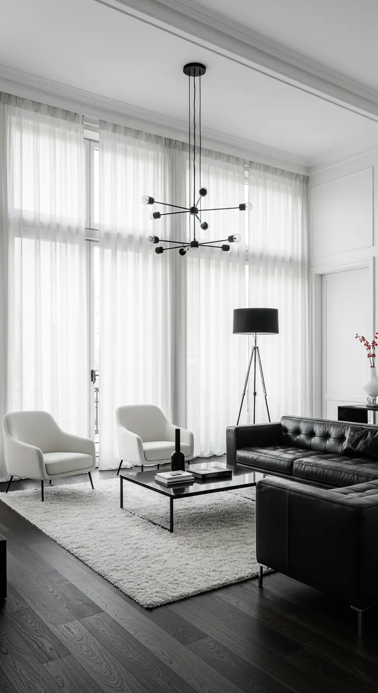 Sala luminosa con cortinas blancas de techo a suelo, sofá de cuero negro y lámpara moderna.