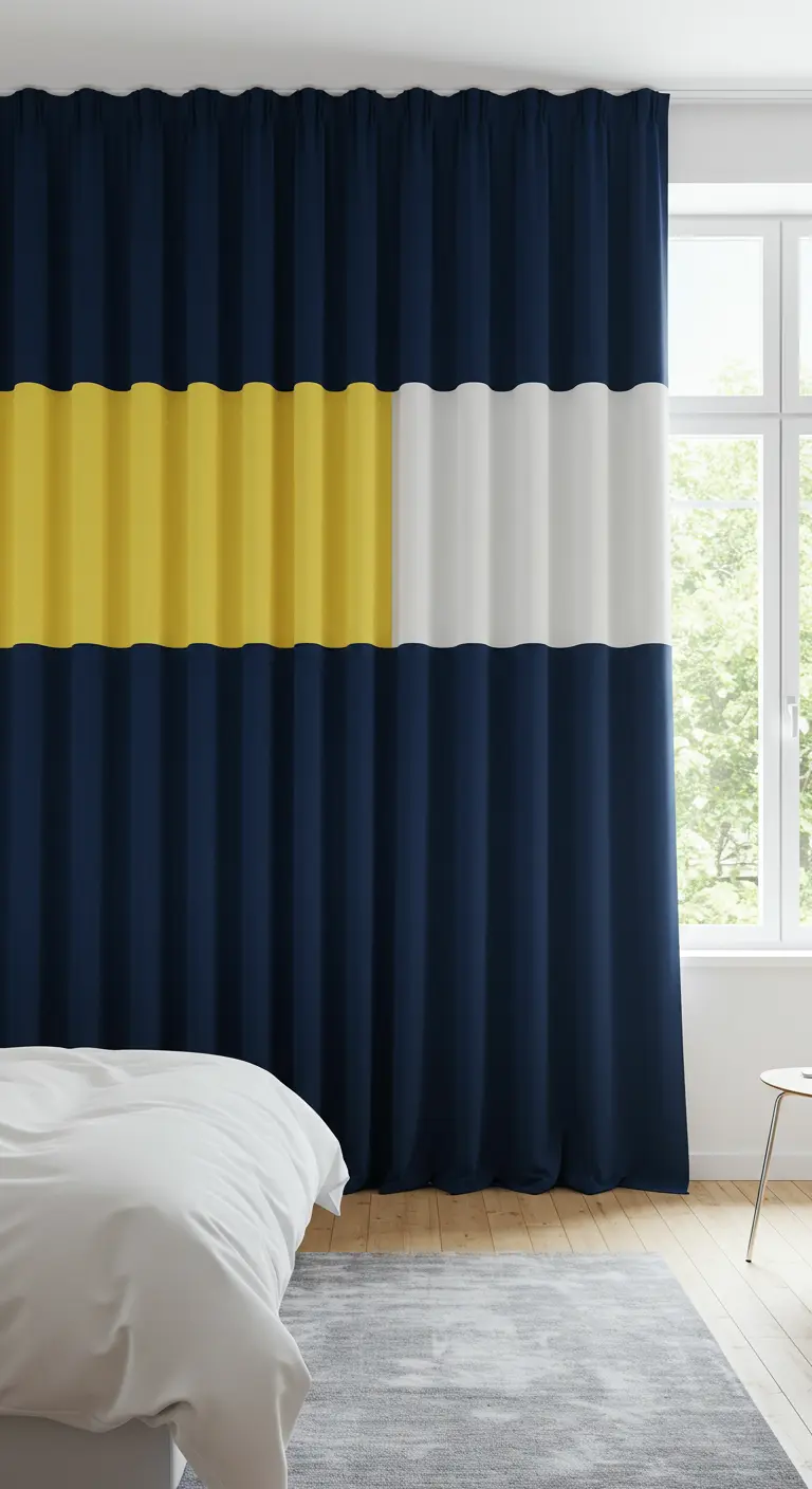 Cortinas largas con diseño de bloques de color en azul marino, amarillo y blanco.
