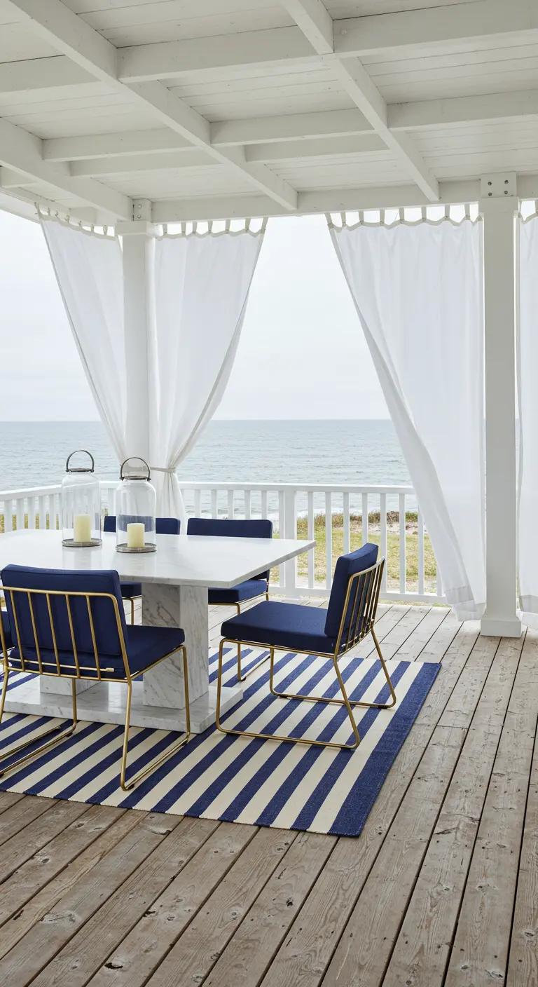 Porche con vistas al mar, mesa de mármol, sillas azules y cortinas blancas ondeando al viento
