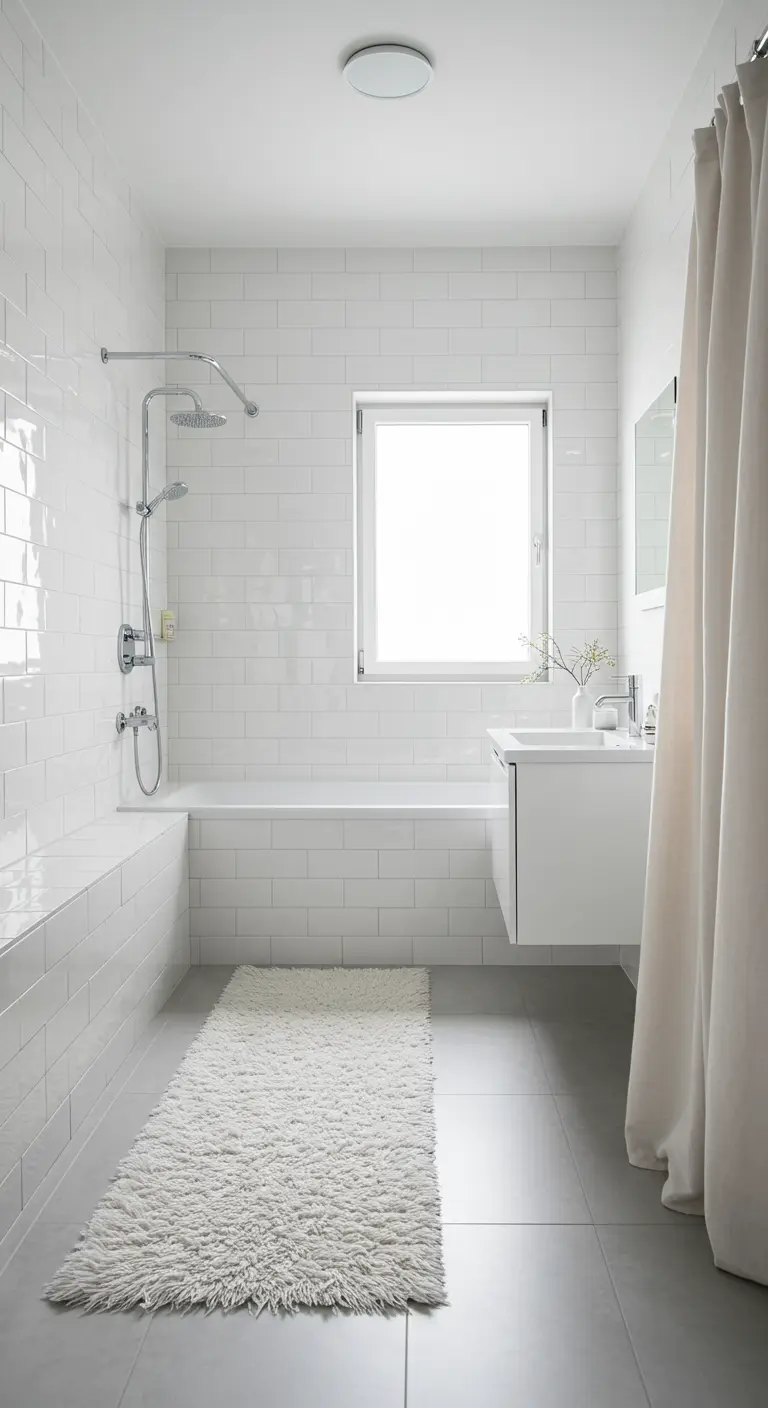 Baño blanco con azulejos tipo metro y una cortina de ducha de tela blanca larga