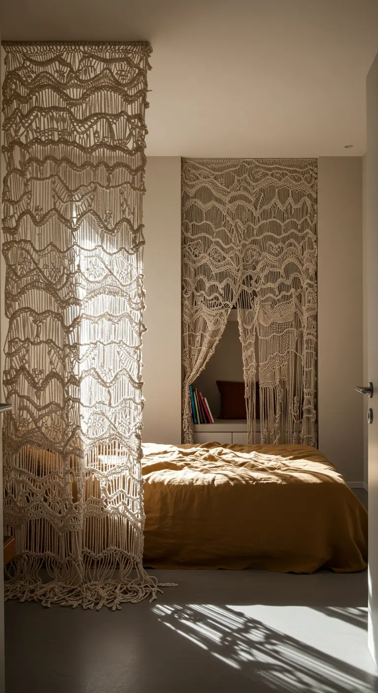 Cortina de macramé utilizada como divisor de espacios en un dormitorio, creando un rincón acogedor.