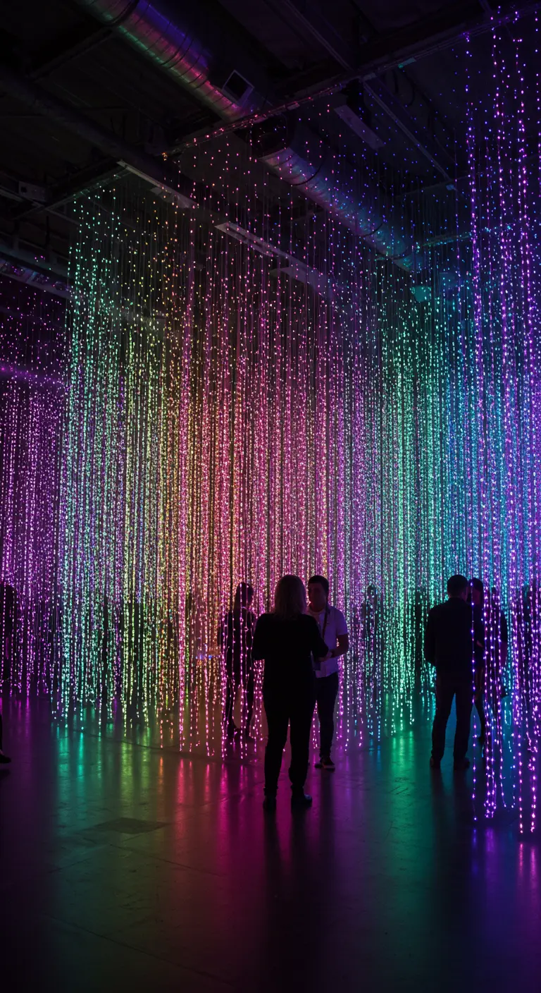 Habitación llena de cortinas de luces LED colgantes en colores arcoíris por las que la gente camina.