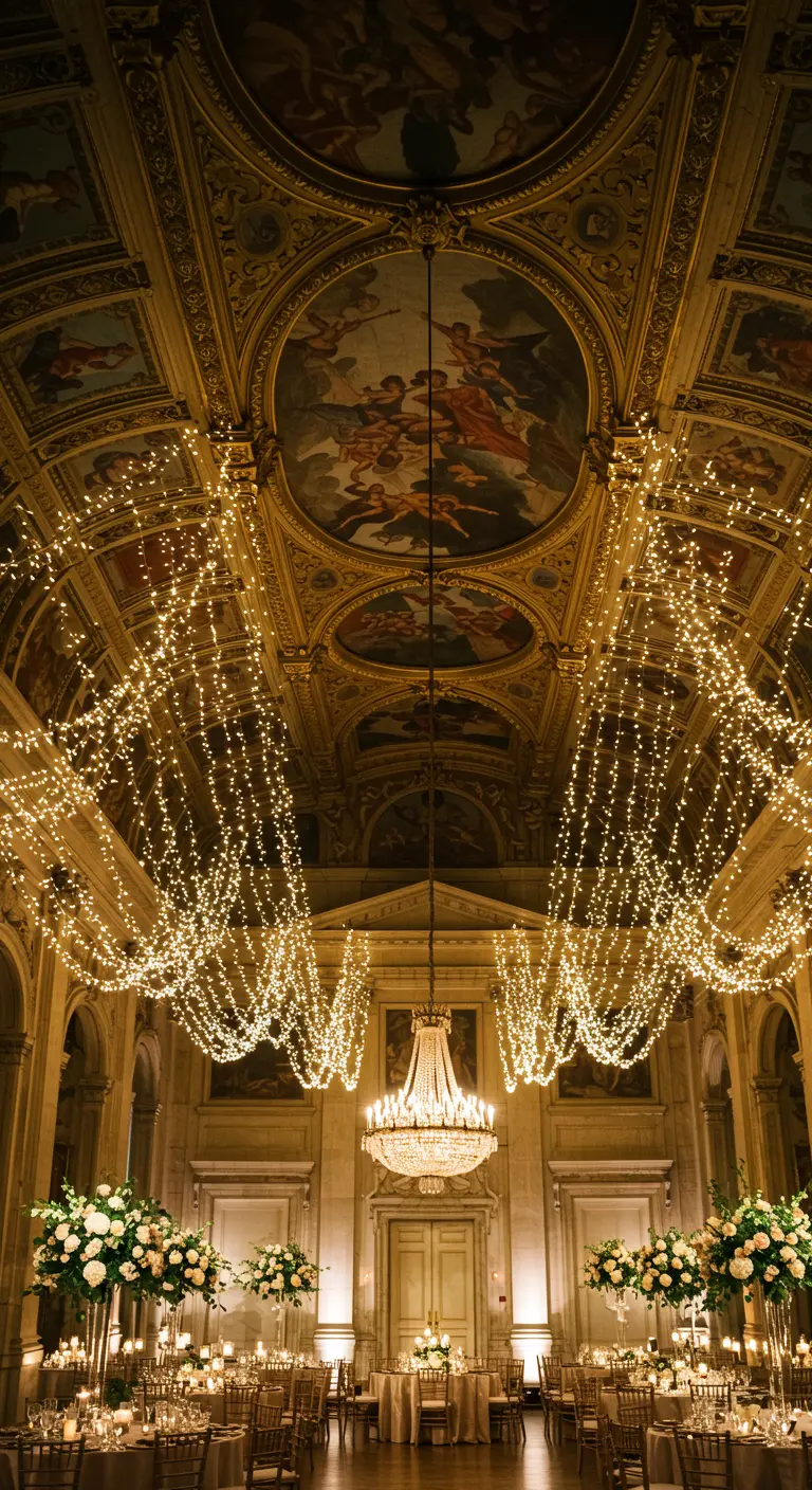 Salón de baile neoclásico con lámparas de araña y cortinas de luces cayendo del techo.