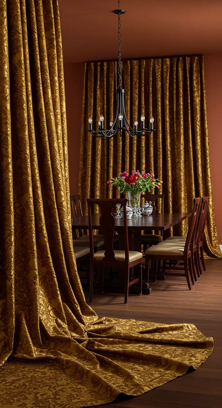 Comedor con espectaculares cortinas doradas de brocado que caen hasta el suelo.