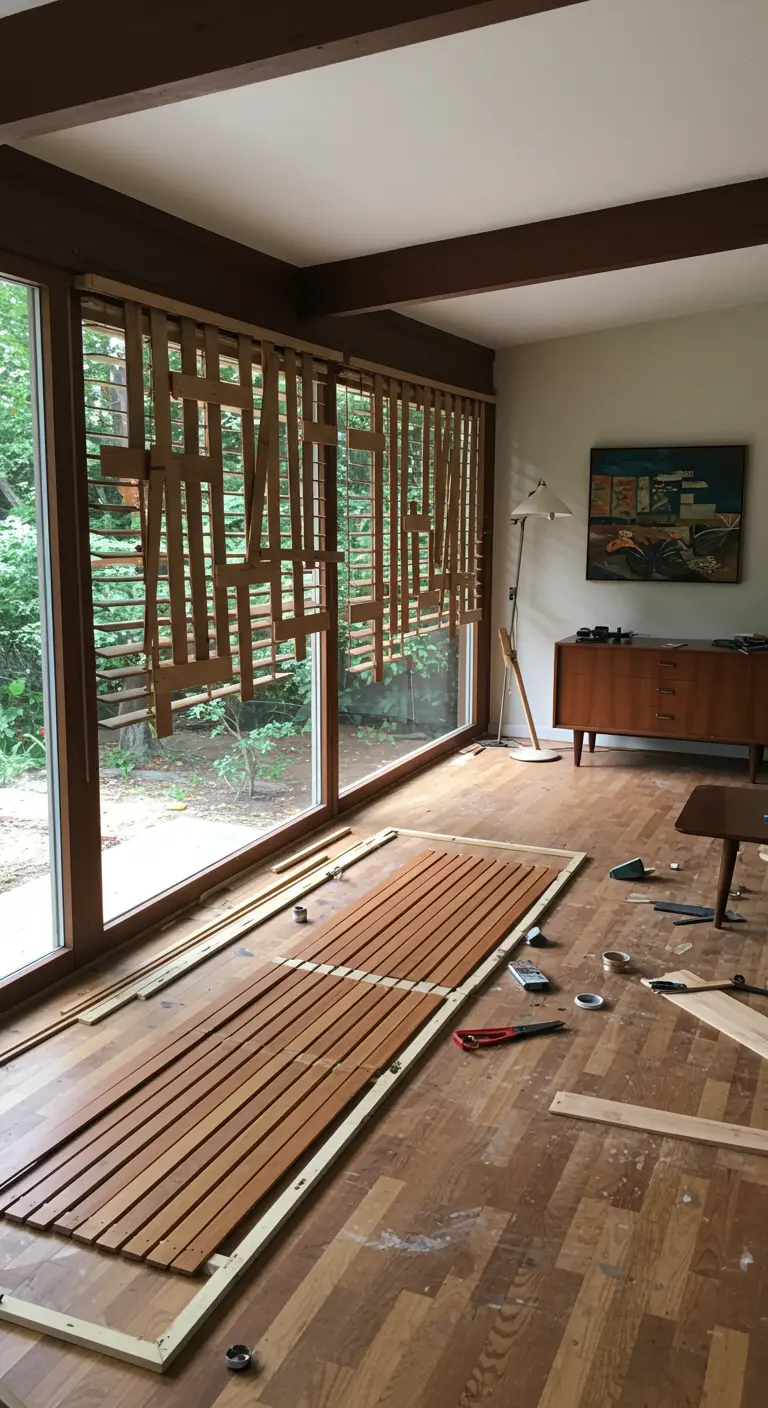 Panel de ventana decorativo hecho con lamas de madera dispuestas de forma artística e irregular