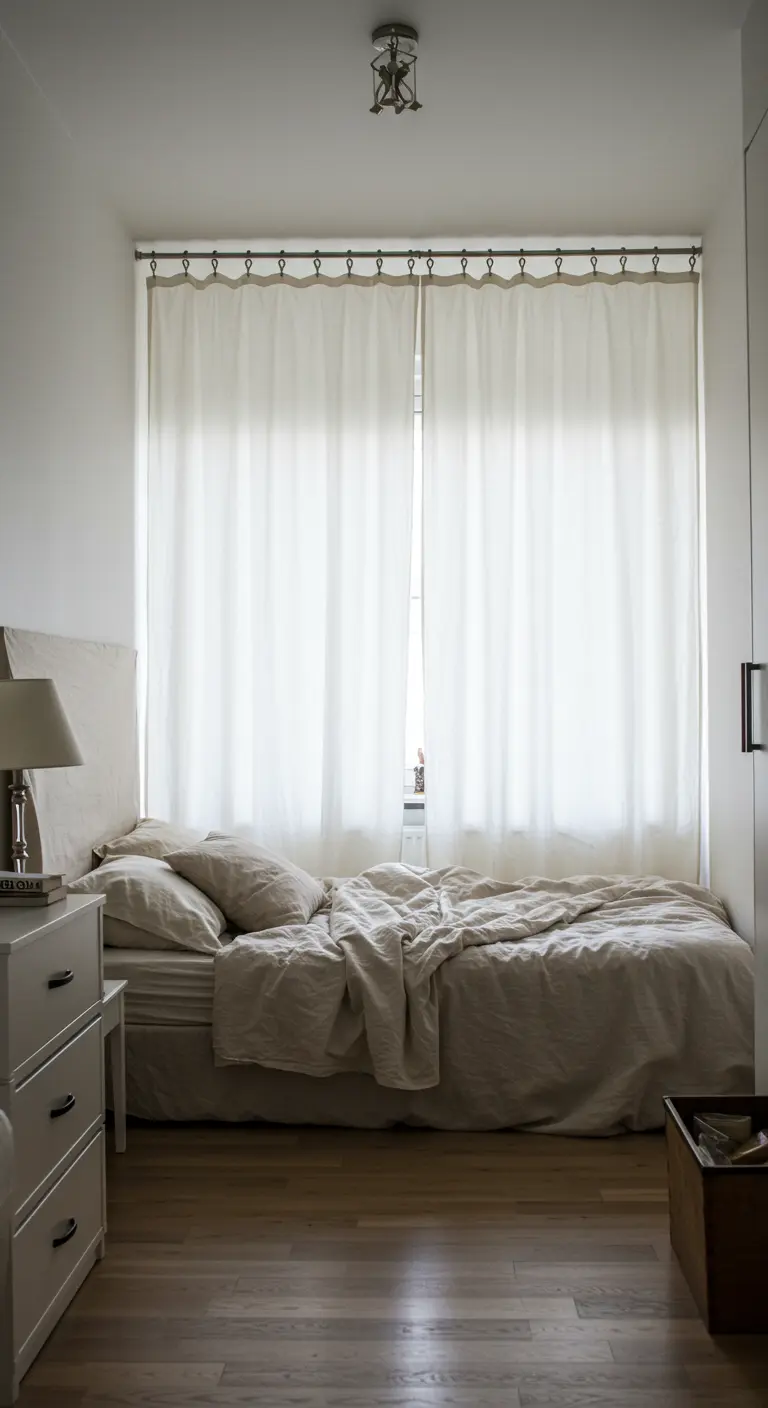 Dormitorio con cortinas blancas semitransparentes colgadas de una barra a presión en la ventana.