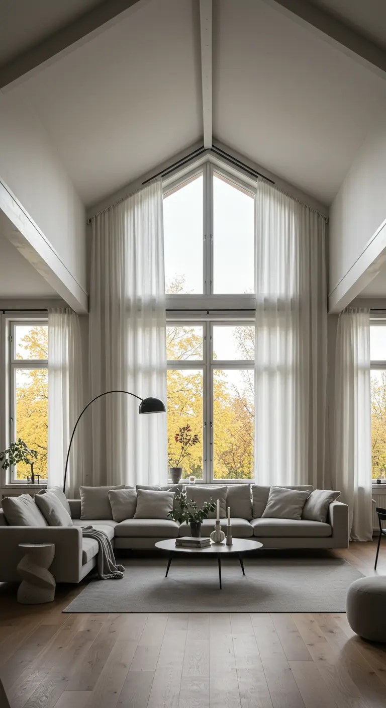 Salón con ventanales altos y cortinas de lino blancas que se extienden hasta el suelo