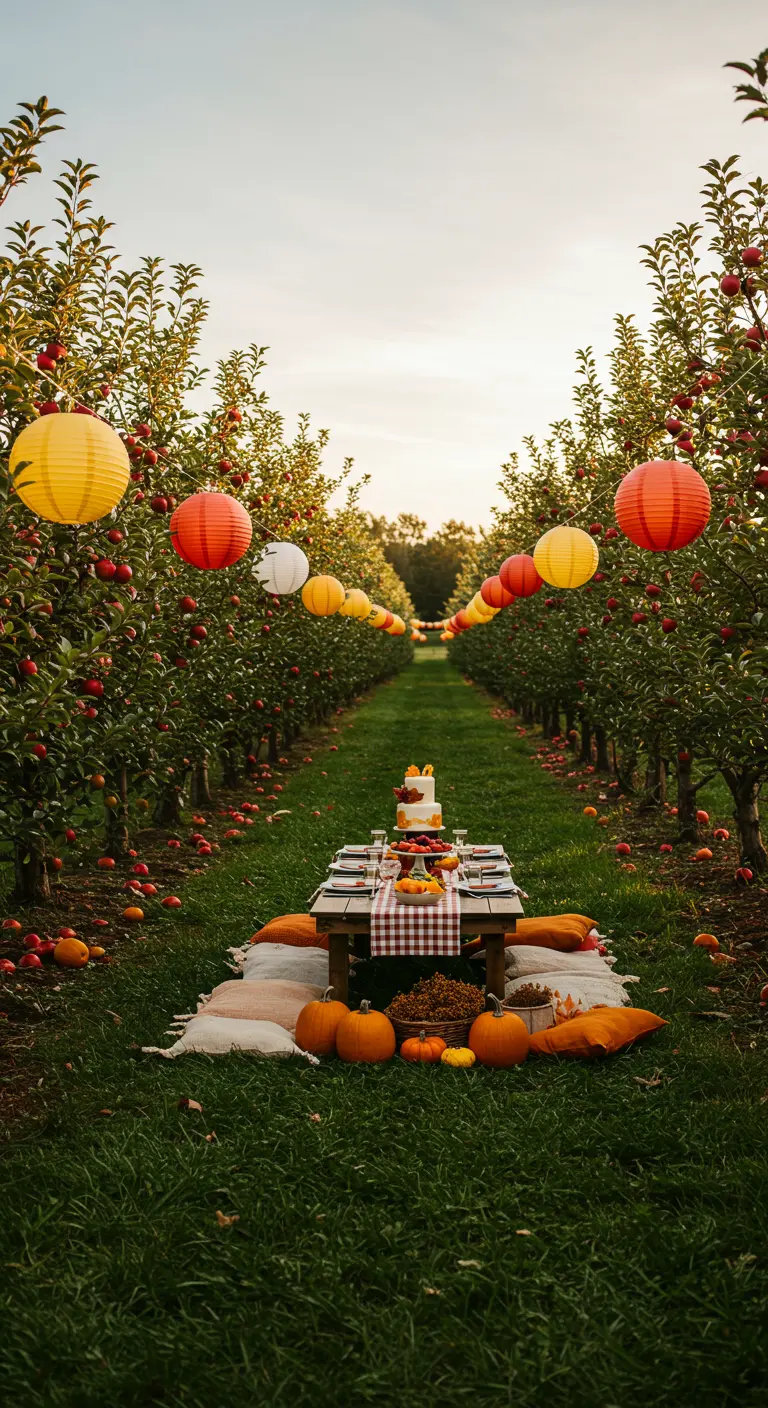 Mesa de picnic en un huerto de manzanas con lámparas de papel en tonos otoñales.