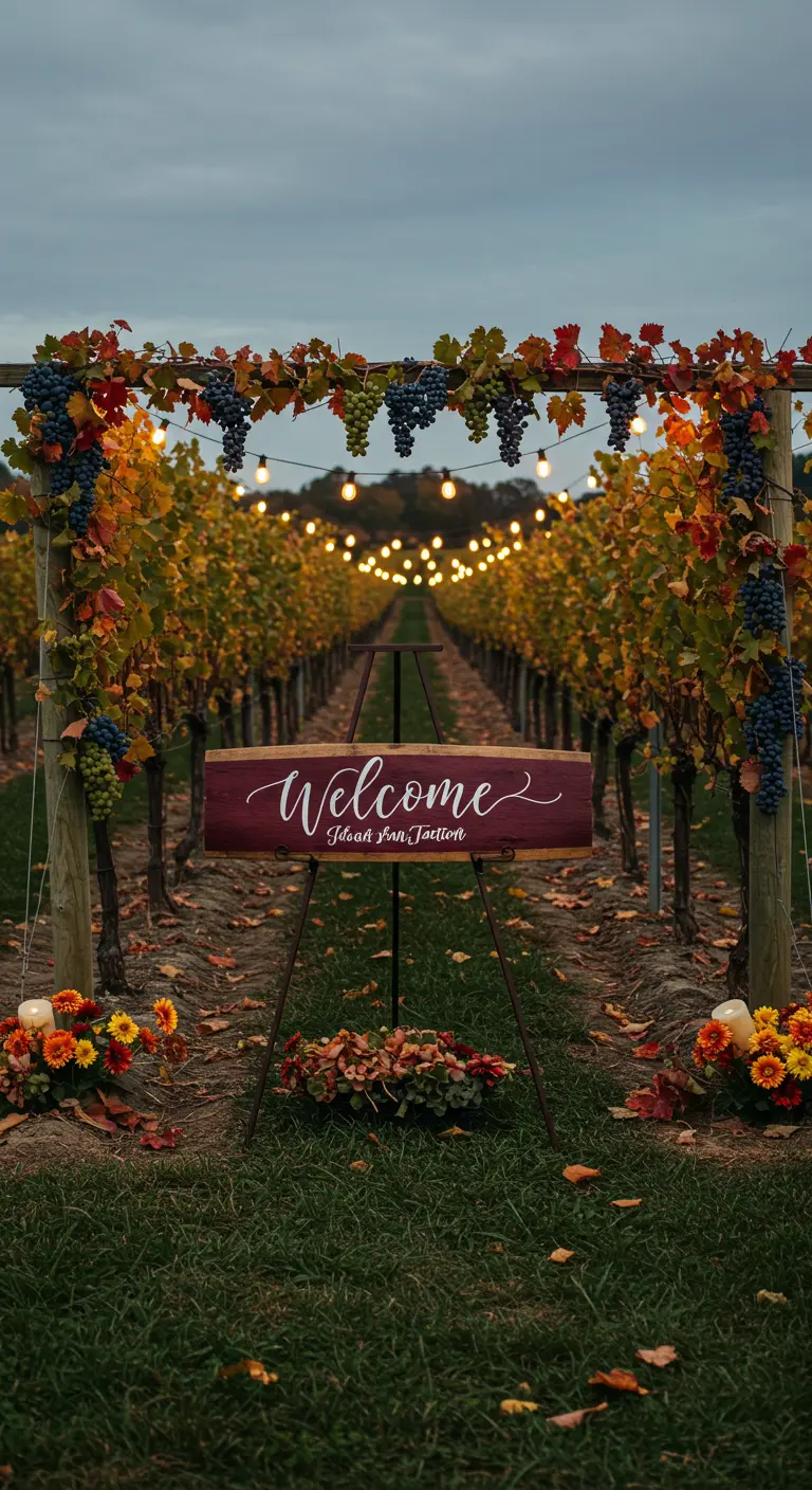 Cartel de bienvenida color vino en la entrada de un viñedo otoñal con luces.