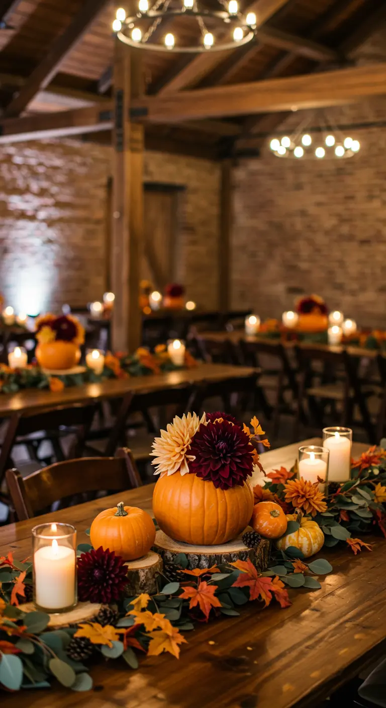 Centro de mesa otoñal con una calabaza como jarrón, velas y hojas secas.