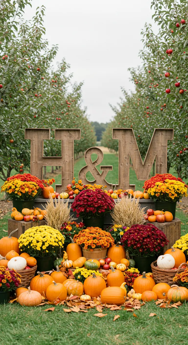 Iniciales de madera 'H & M' rodeadas de calabazas, manzanas y flores de otoño en un huerto.