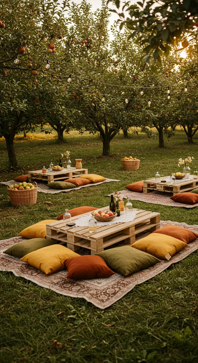 Picnic en un huerto con mesas bajas de palets, cojines de colores otoñales y cestas de fruta.