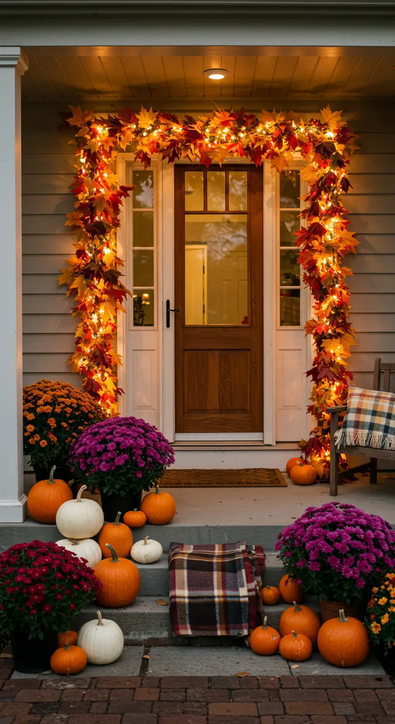 Porche decorado para el otoño con una guirnalda de hojas iluminada, calabazas y crisantemos de colores.