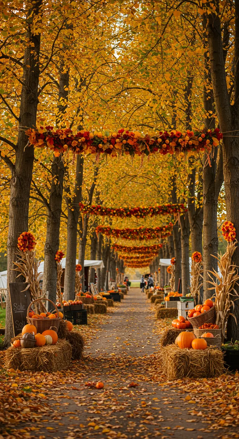 Camino otoñal bordeado de árboles con guirnaldas de hojas y flores naranjas y rojas.