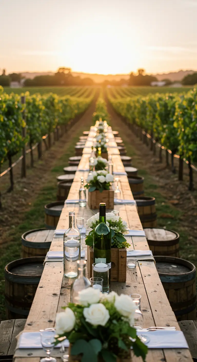 Larga mesa de comedor entre hileras de viñedos, apoyada sobre barriles de vino.