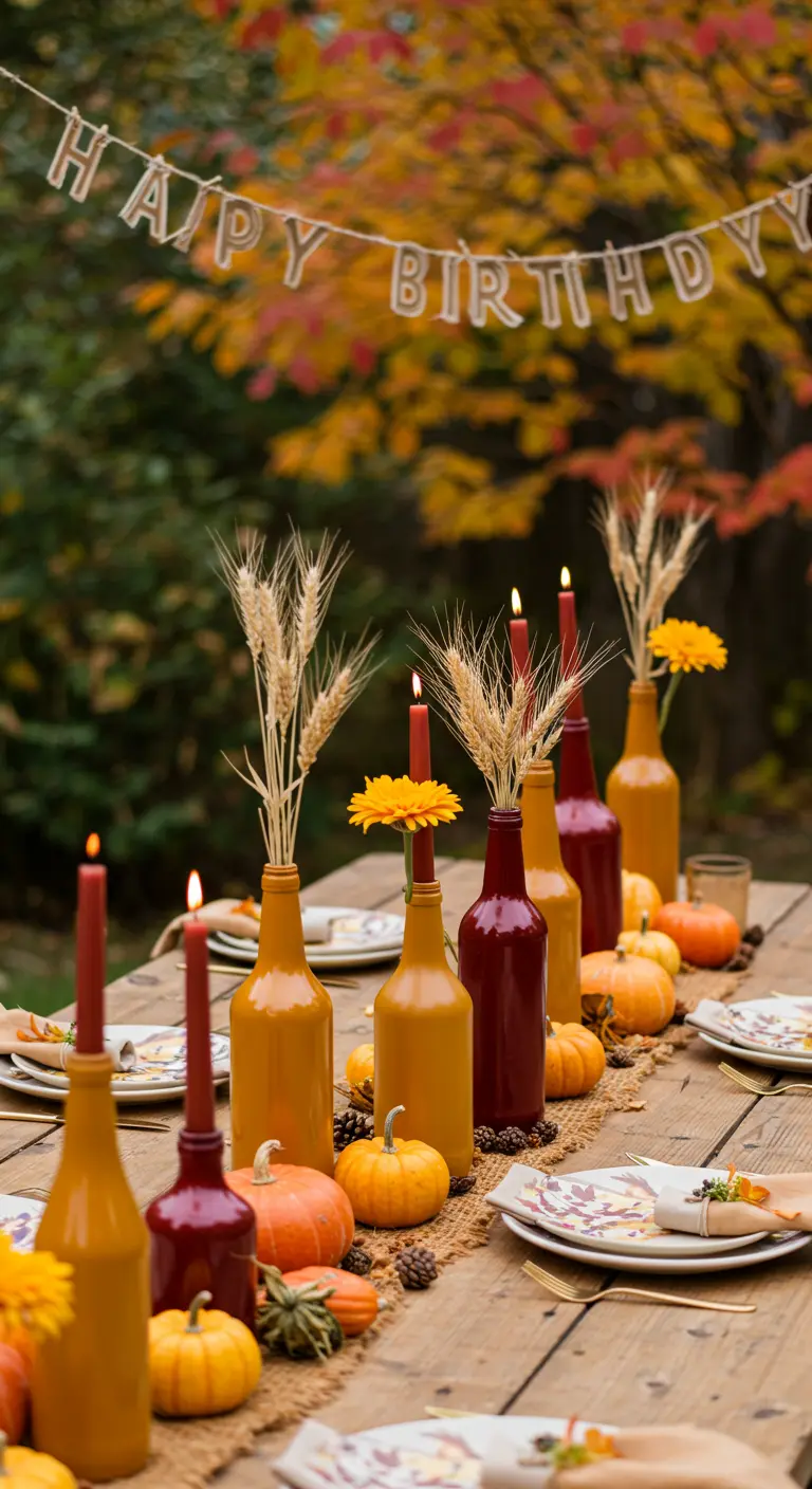 Portavelas de botella en tonos otoñales sobre una mesa decorada con calabazas.