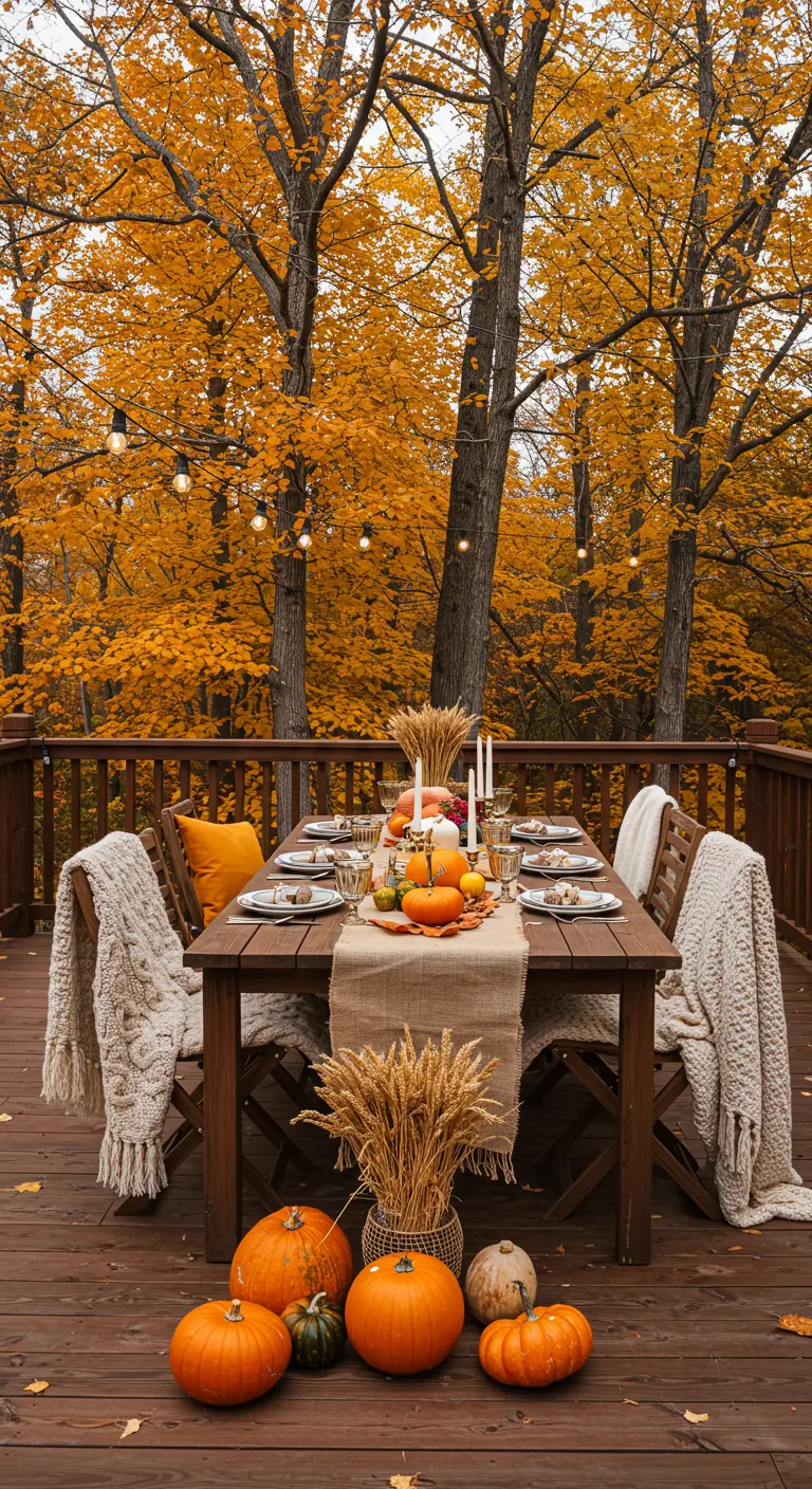 Mesa de comedor otoñal en una terraza de madera, decorada con calabazas, trigo y mantas de punto.