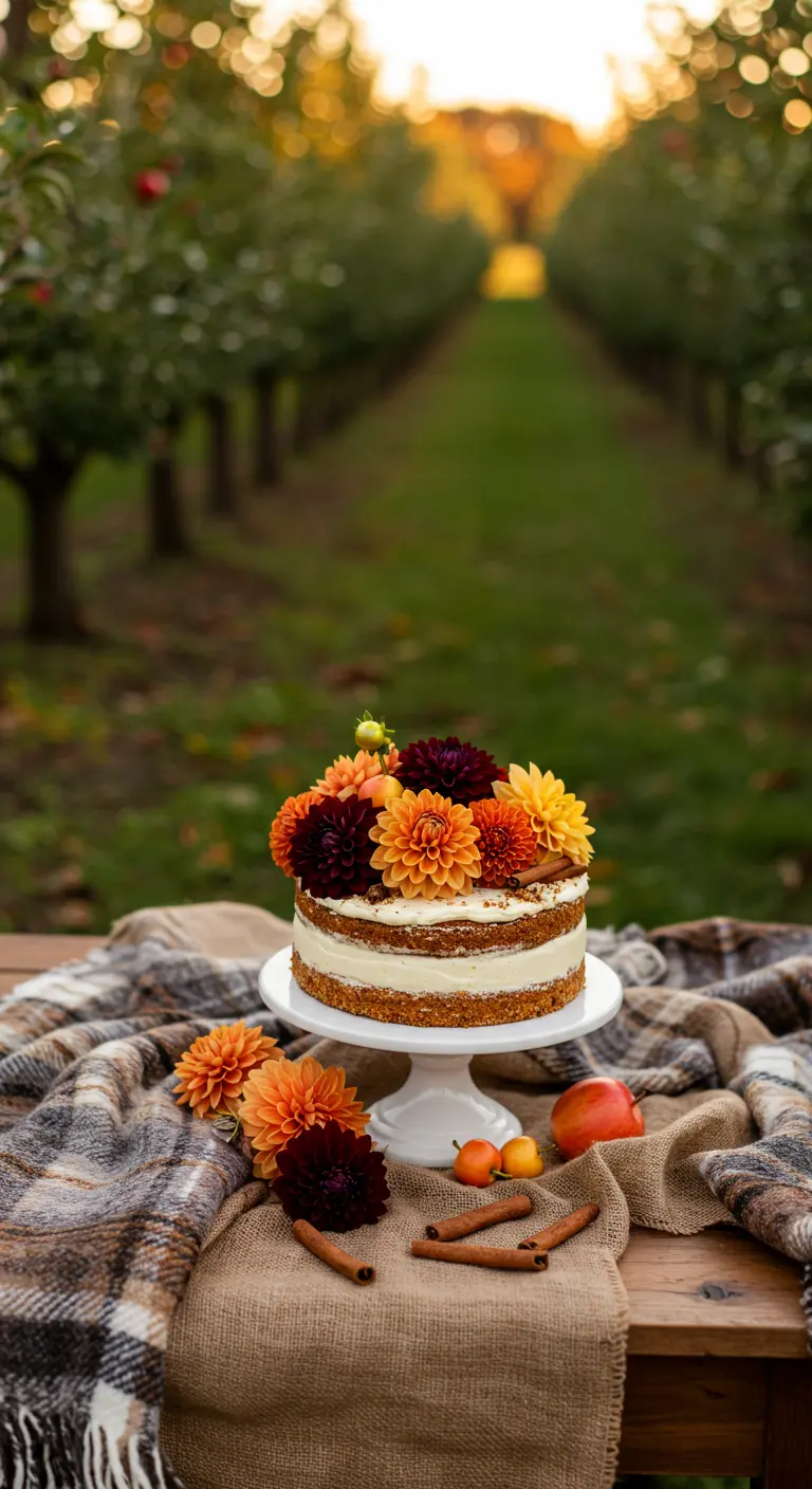 Pastel con dalias de colores otoñales sobre una manta de cuadros en un huerto.