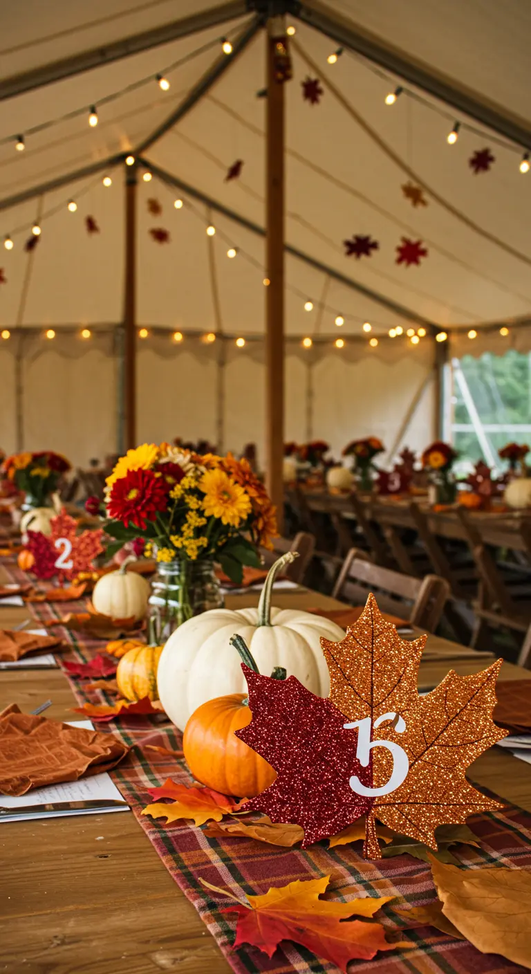 Centro de mesa otoñal con calabazas y un número de mesa en forma de hoja con glitter naranja.