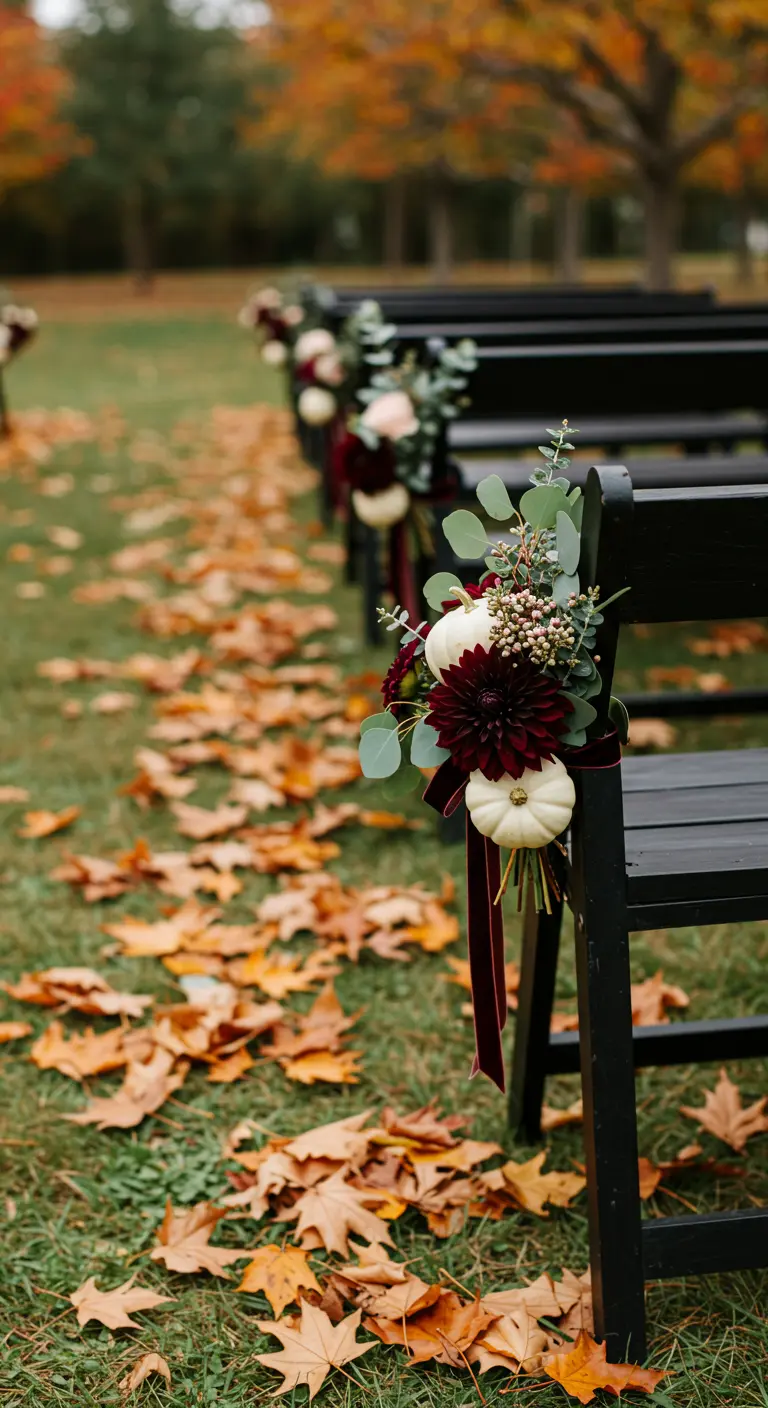 Sillas negras en un campo otoñal con arreglos de eucalipto, flores burdeos y calabazas blancas.