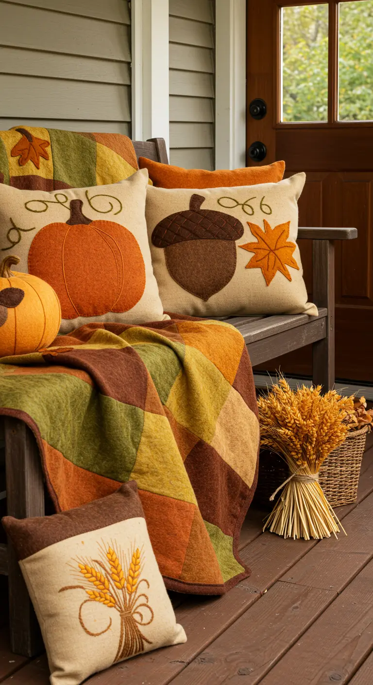 Banco de madera decorado para el otoño con cojines de fieltro con calabazas y bellotas.
