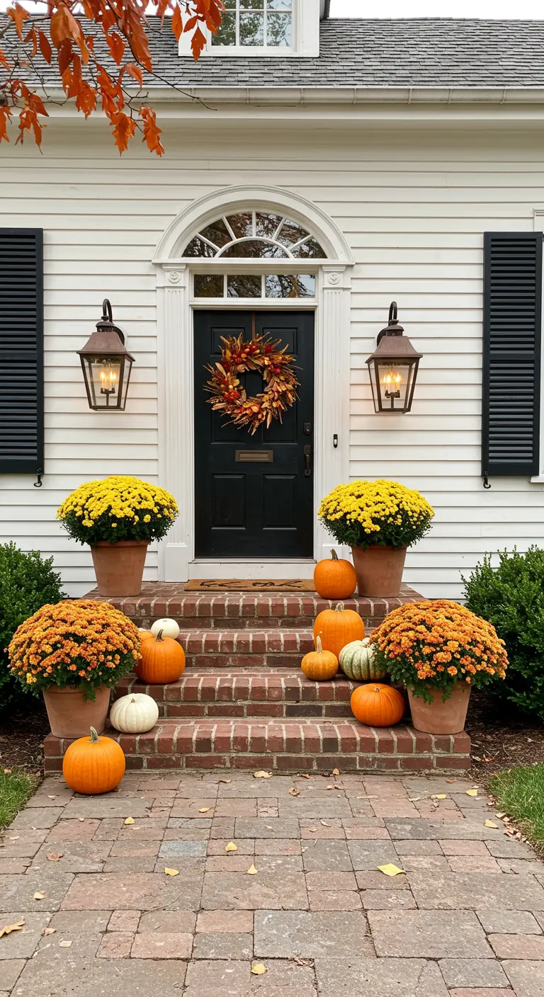Entrada de casa colonial con escalones de ladrillo decorados con calabazas y macetas de crisantemos