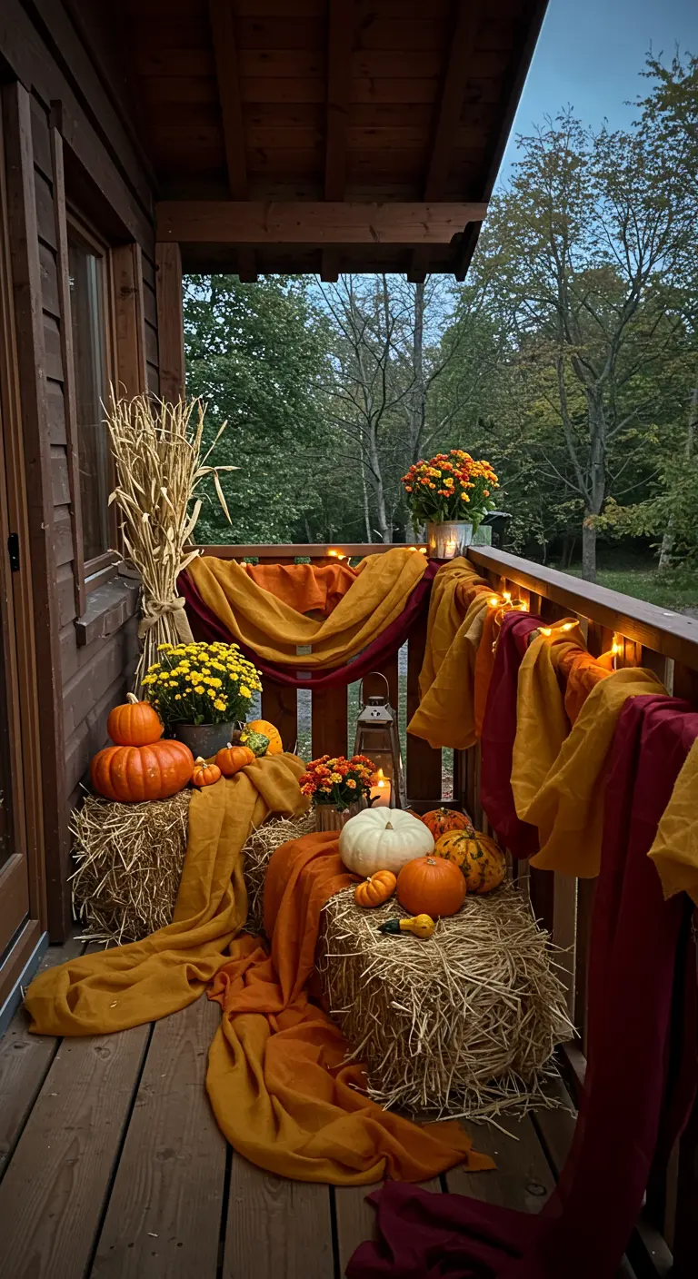 Balcón otoñal decorado con pacas de heno, calabazas y telas naranjas y granates.