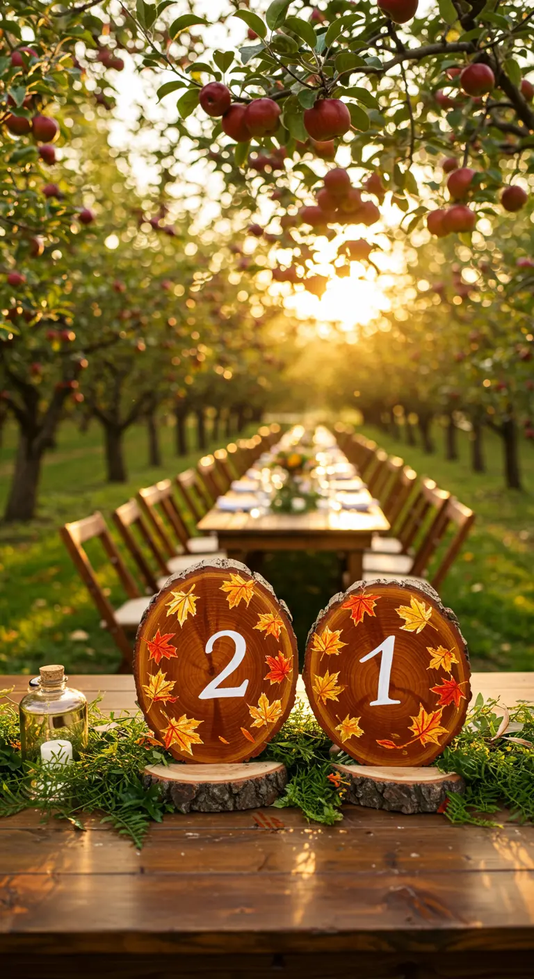 Dos rodajas de madera con los números 2 y 1, decoradas con hojas de otoño pintadas.