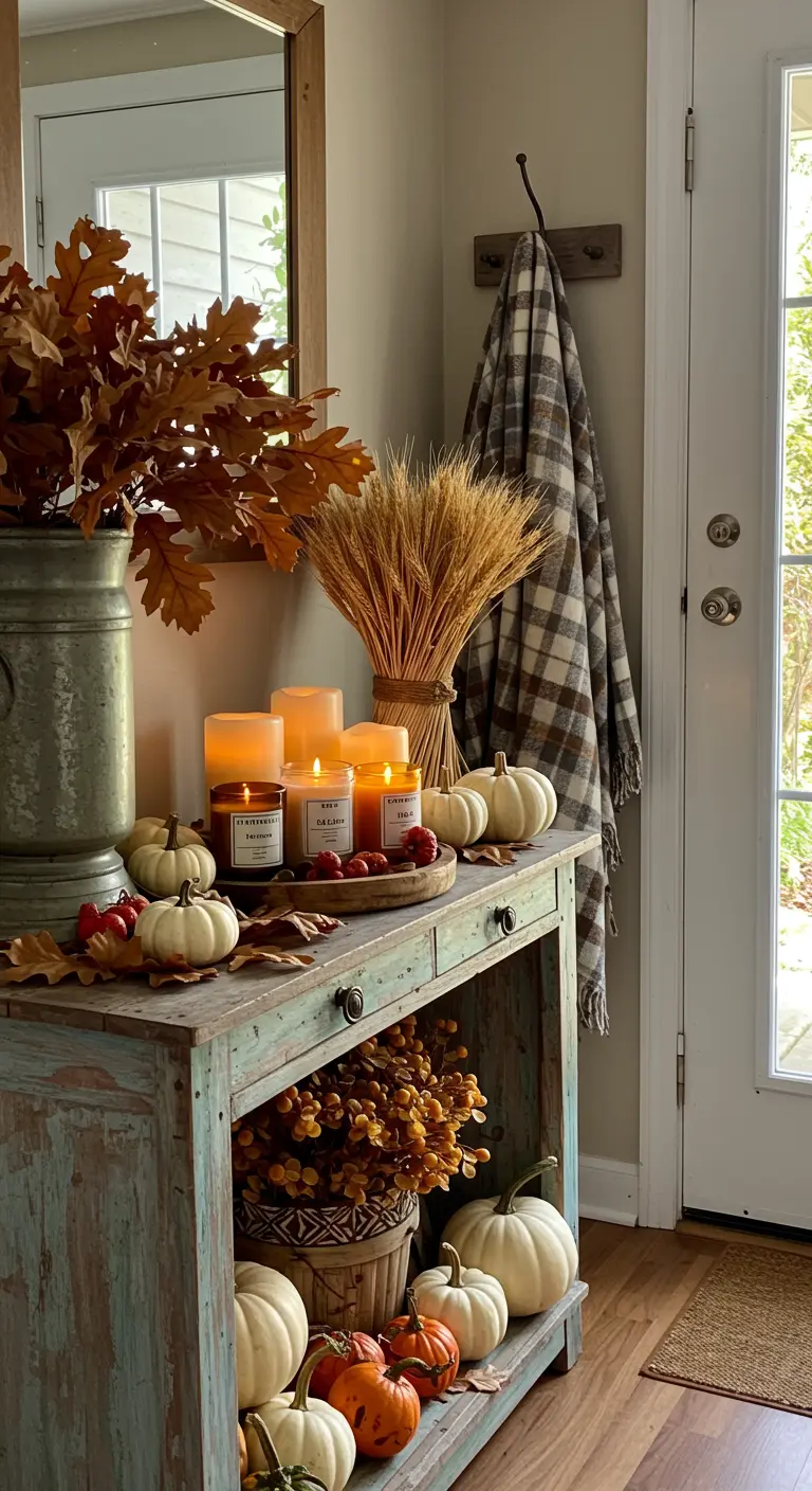 Consola de madera turquesa decorada con calabazas blancas, velas y hojas secas de otoño.