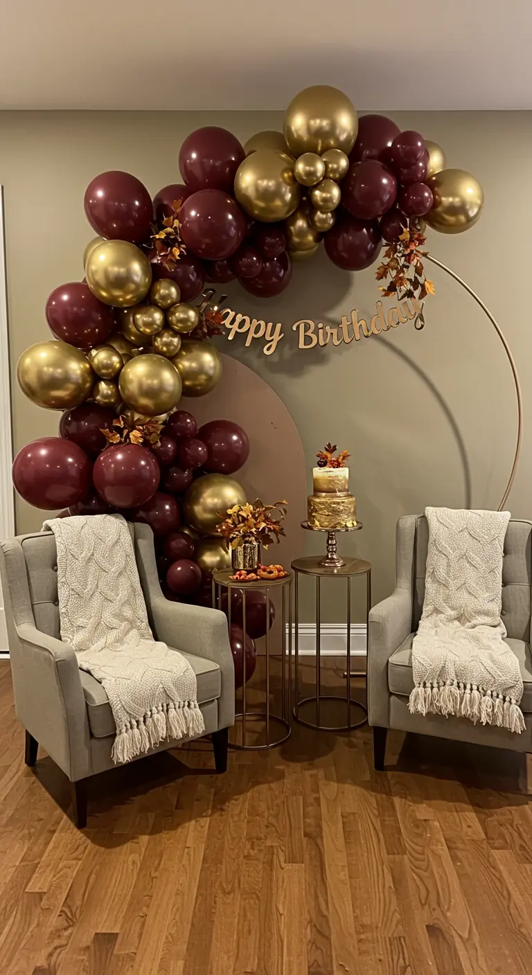 Arco de globos en tonos borgoña y oro con hojas de otoño.