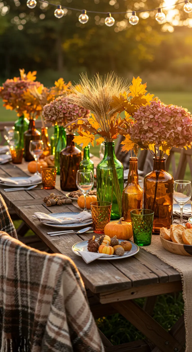 Mesa de picnic de otoño al aire libre con centros de mesa de hojas secas y calabazas en botellas de vidrio.