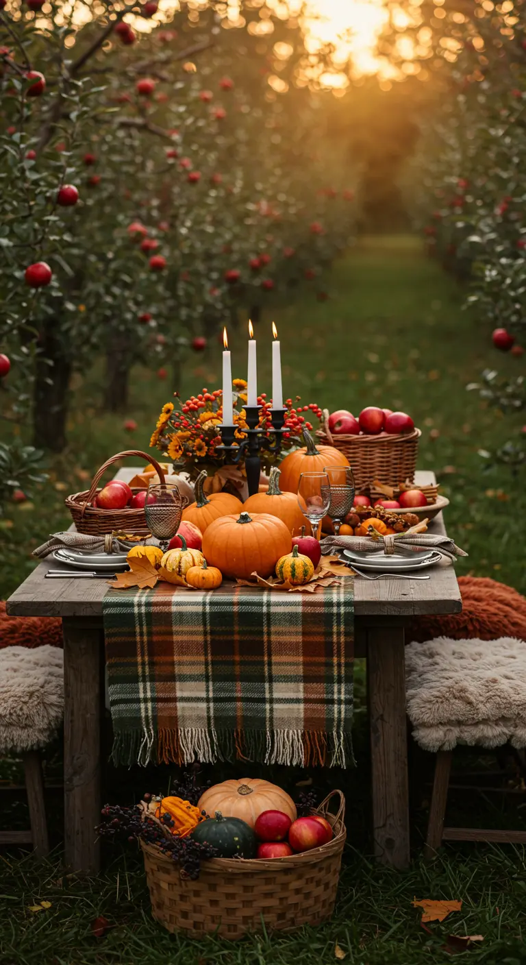 Mesa rústica en un huerto de manzanas, decorada con calabazas, manzanas y un camino de cuadros.