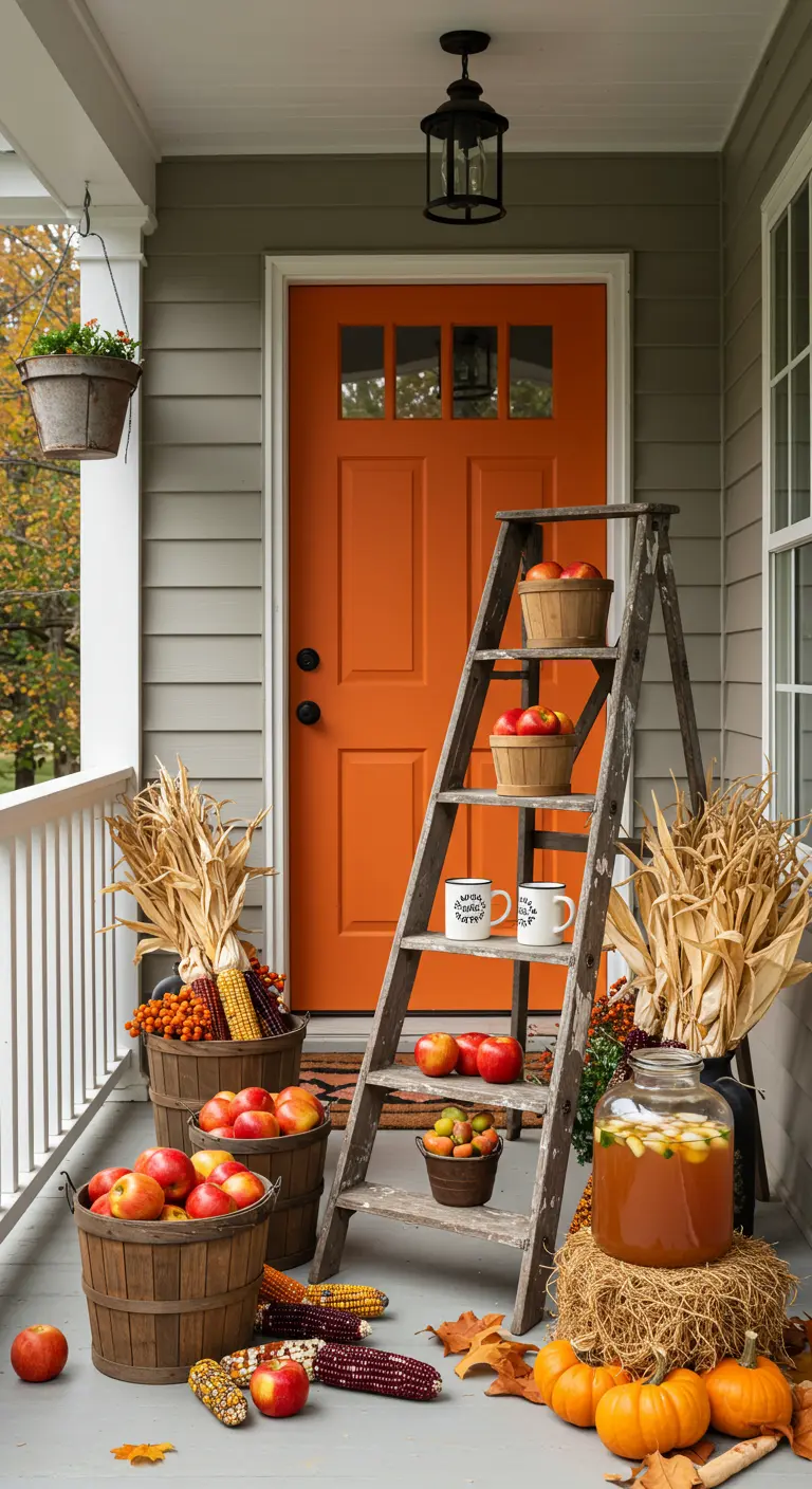 Escalera de madera decorada con cestas de manzanas, maíz, calabazas y un gran tarro de sidra.