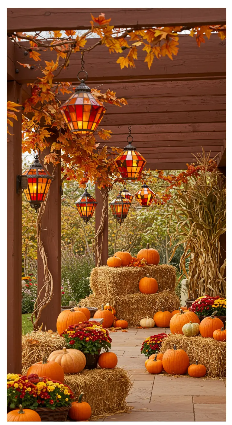 Porche decorado para el otoño con calabazas, heno y faroles de estilo Tiffany
