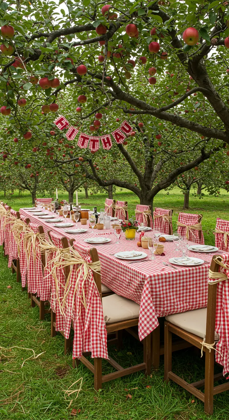 Larga mesa de picnic en un huerto de manzanos con sillas decoradas con lazos de tela de cuadros y rafia.