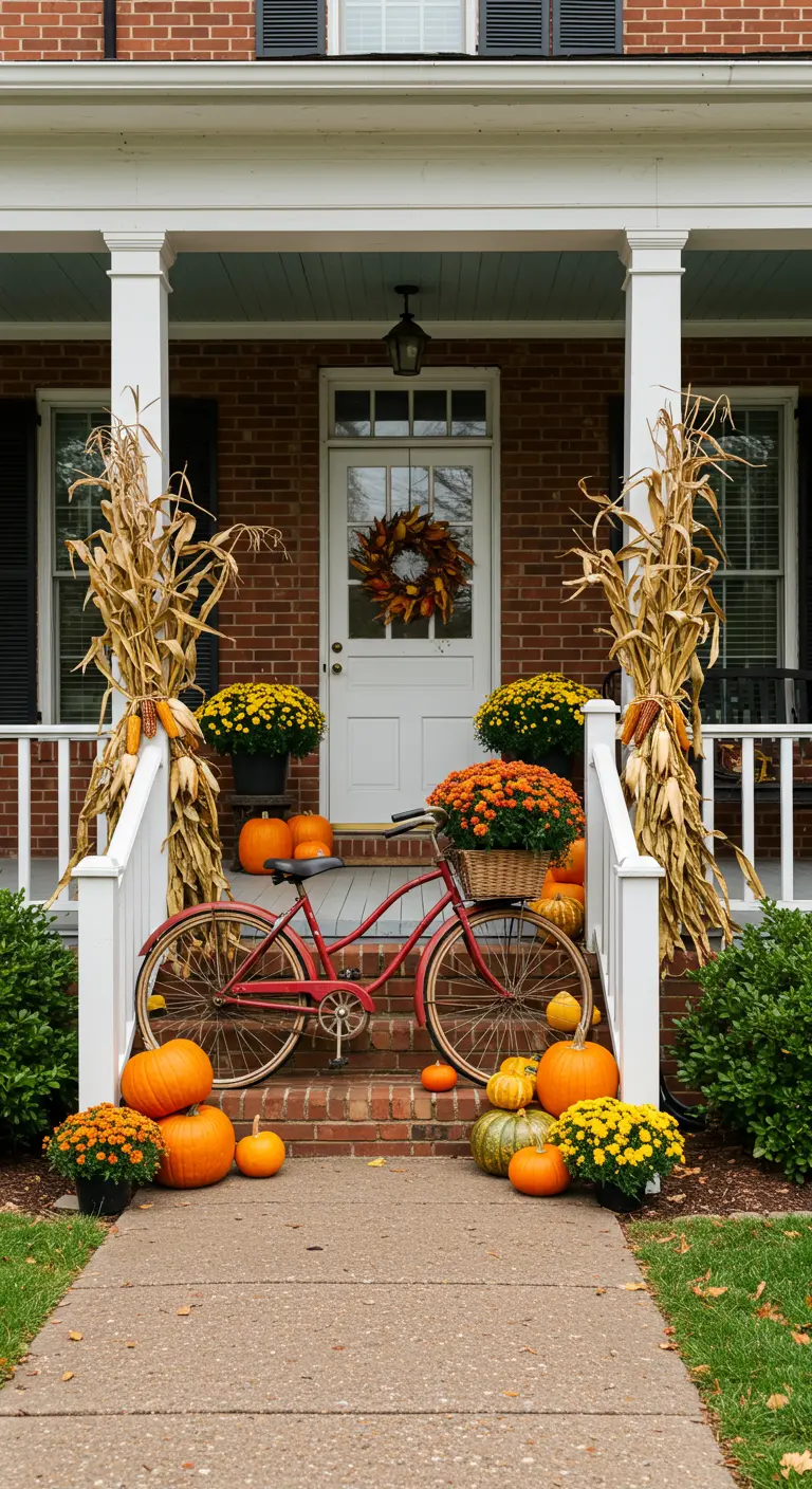 Bicicleta roja decorada para otoño con calabazas y crisantemos en un porche de ladrillo