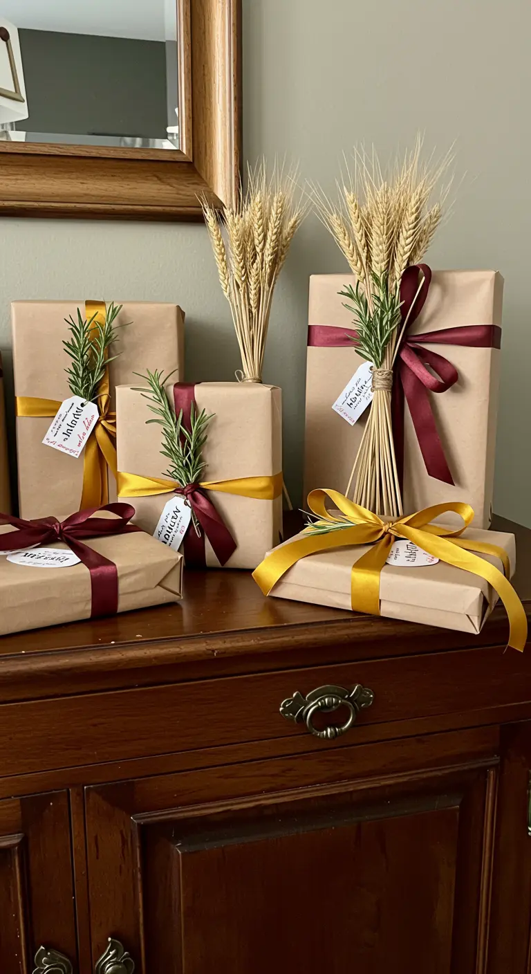Regalos decorados con romero y espigas de trigo seco con lazos de color borgoña y mostaza.