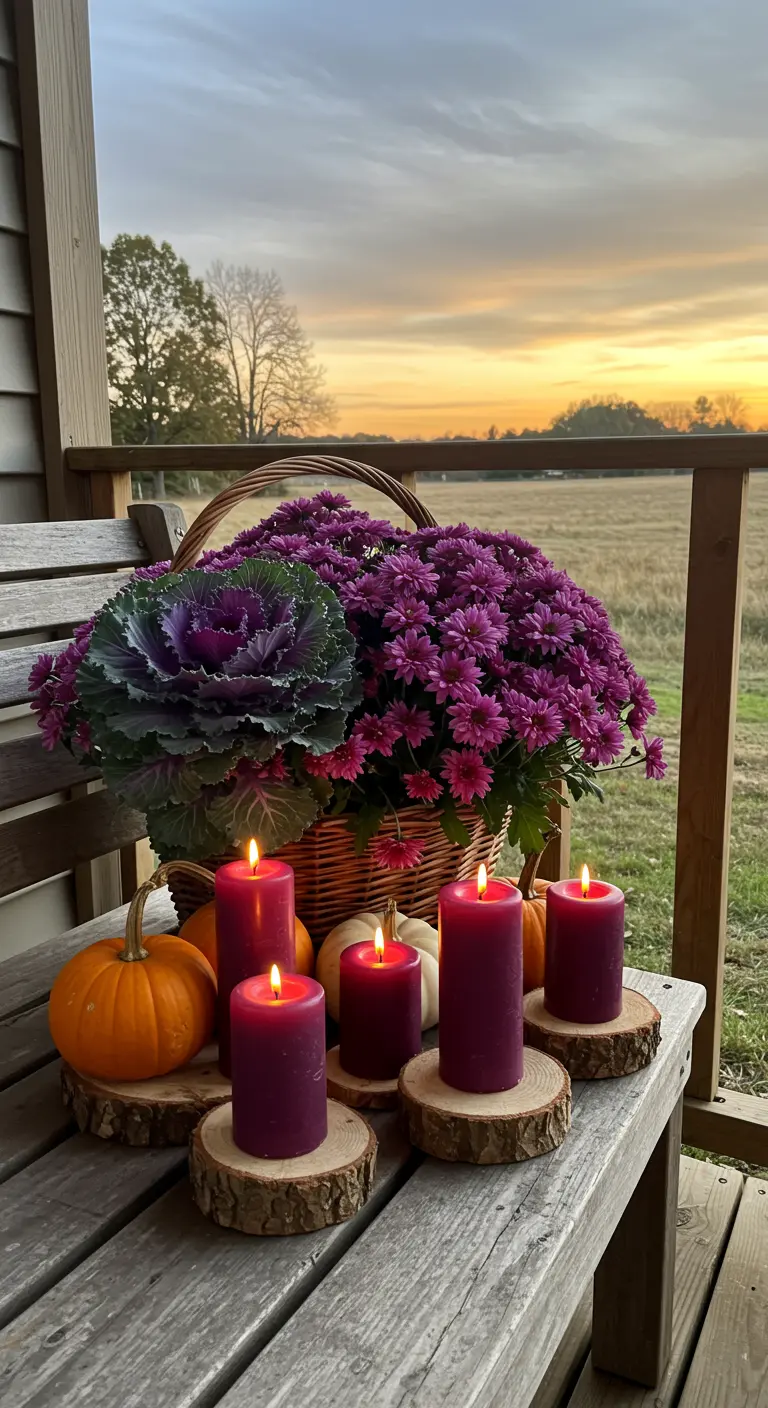 Banco de porche con cesta de flores moradas, calabazas y velas sobre rodajas de madera.
