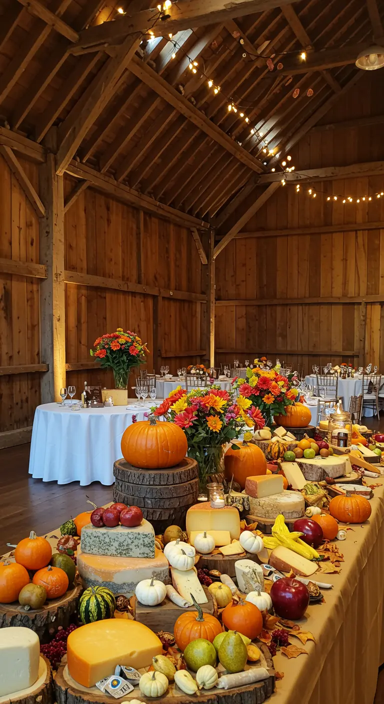 Mesa de quesos de temática otoñal en un granero con calabazas y flores.