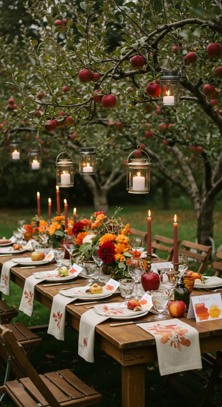 Mesa de comedor al aire libre bajo un manzano, decorada con motivos otoñales y velas.